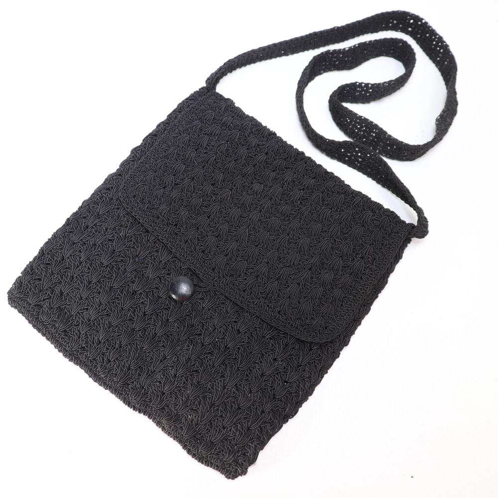 Vtg Crochet Shoulder Handbag Medium Black Nylon Lined Button Flap Bag